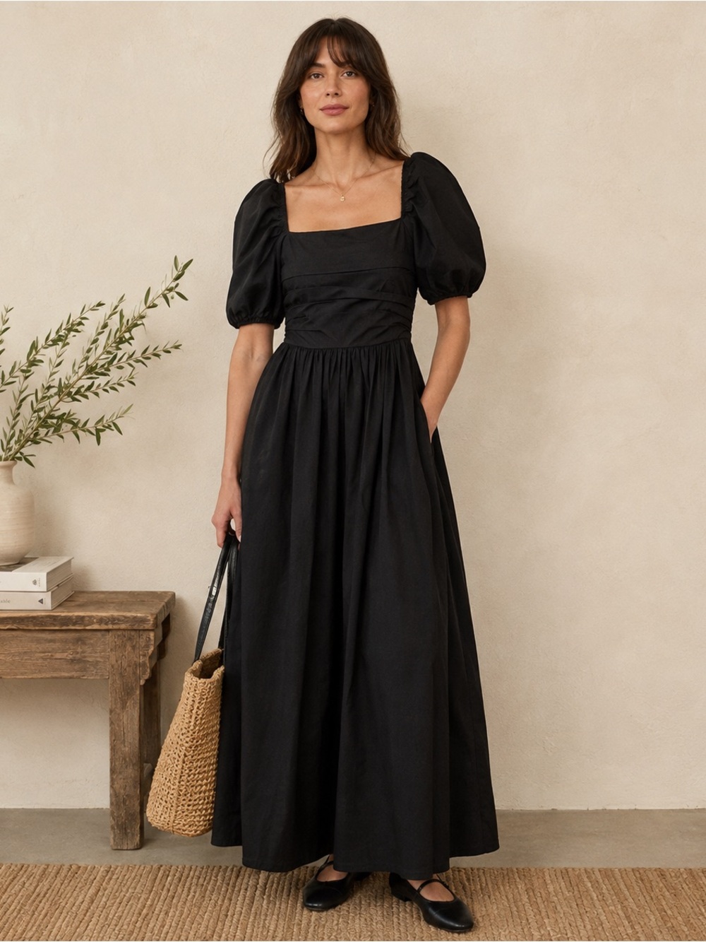 Boden Ruched Bodice Black Cotton Puff Sleeve Maxi Dress Size S
